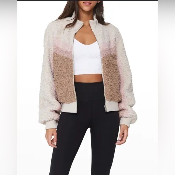 Spiritual Gangster Jackets & Blazers - Spiritual Gangster Sherpa Stripe Fuzzy Bomber Crop Jacket